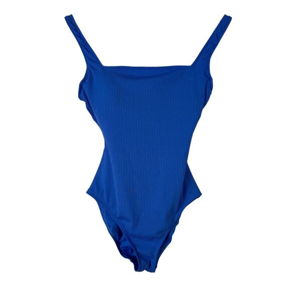 Bleu Rob Beattie Blue Ribbed Walk The Line Square Neck One-Piece Swimsuit Sz 6 - Picture 2 of 12